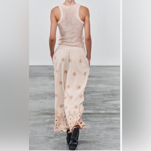 Zara Embroidered Floral Wide-Leg Pants Boho Scalloped Hem S - Picture 12 of 13
